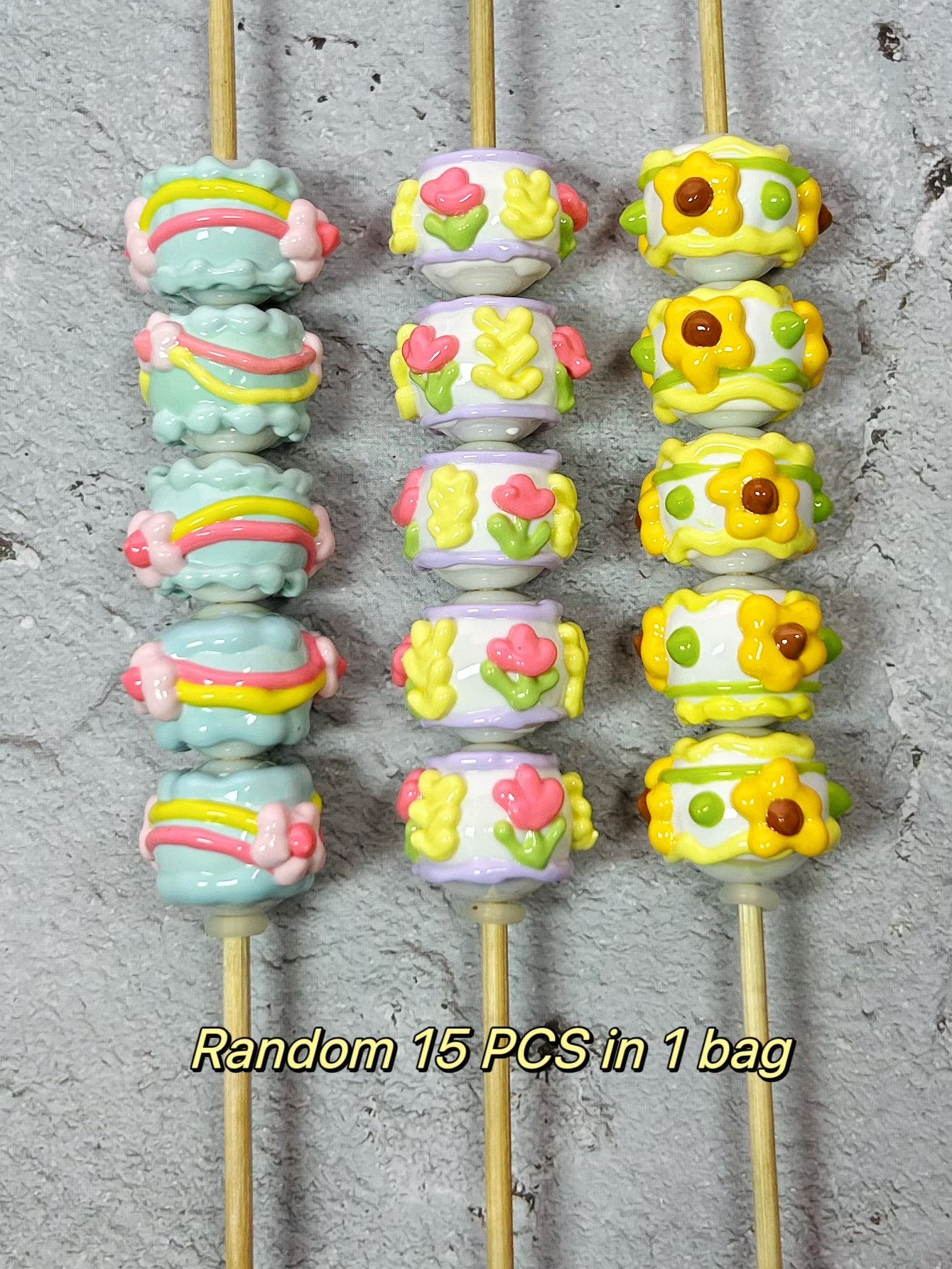 HandPainted Beads Yellow Purple Pink Blue Flowers Pastel Soft Color Mix can make keychain ball point pen