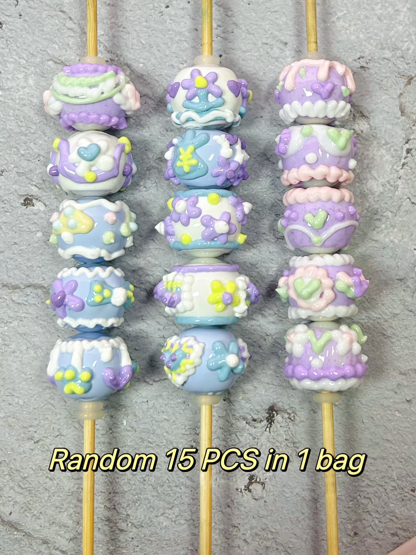 HandPainted Beads Blue Purple Flower Heart Bright Soft Pastel Color Mix 15 Pcs can make keychain