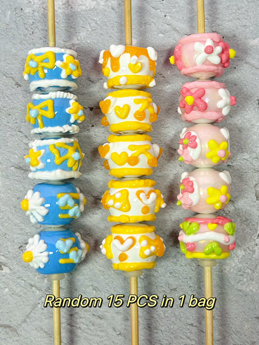 HandPainted Beads Pink Orange Blue Bright Soft Pastel Color Mix 15 Pcs can make keychain ball point pen