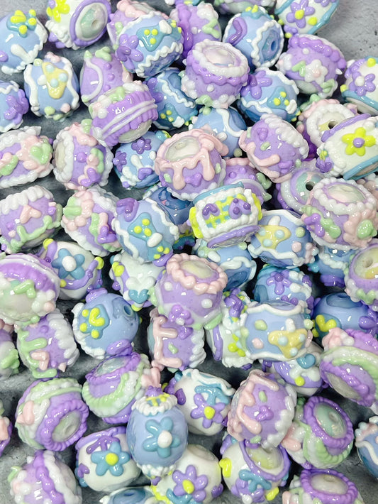 HandPainted Beads Blue Purple Flower Heart Bright Soft Pastel Color Mix 15 Pcs can make keychain