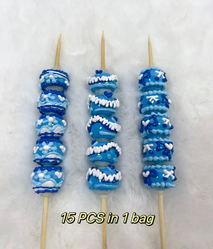 Heavy Hand Painted Beads in Blue Can make keychains jewelry 15 Pcs