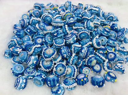 Heavy Hand Painted Beads in Blue Can make keychains jewelry 15 Pcs